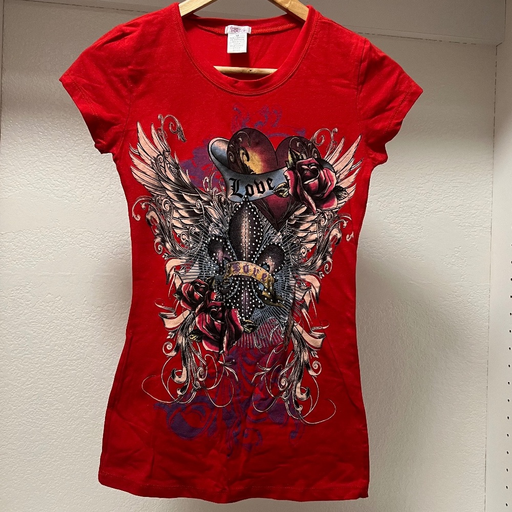 Touch Women's Medium Red Alternative Tattoo Style Rhinestone Graphic Tee